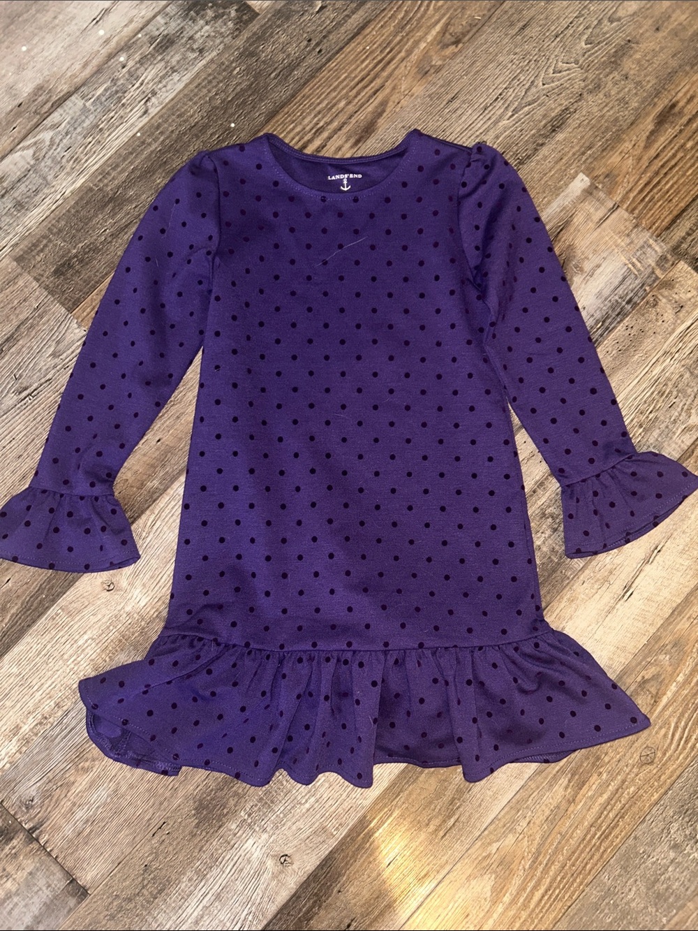 Lands' End Girls Purple Long-Sleeve Polka Dot Ruffle Dress Sz 6